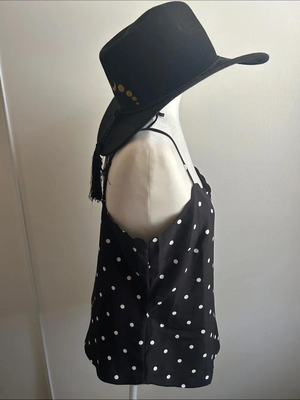 J. Crew Black with White Polka Dot Scallop V-Neck Cami